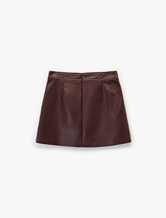 Dikiş Detaylı A Kesim Suni Deri Mini Etek