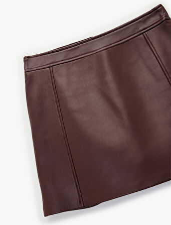 Dikiş Detaylı A Kesim Suni Deri Mini Etek