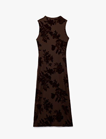 Slim Fit Kolsuz Bisiklet Yaka Drapeli Çiçekli Tül Uzun Kalem Elbise