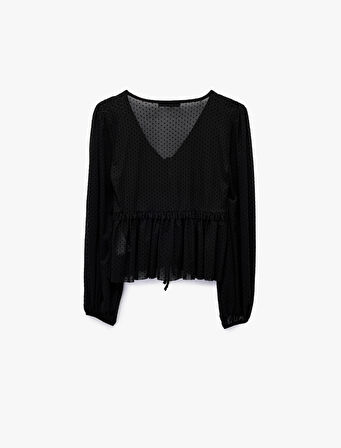 Uzun Kollu Önden Bağlama Detaylı Fırfırlı Puantiyeli Tül Bluz