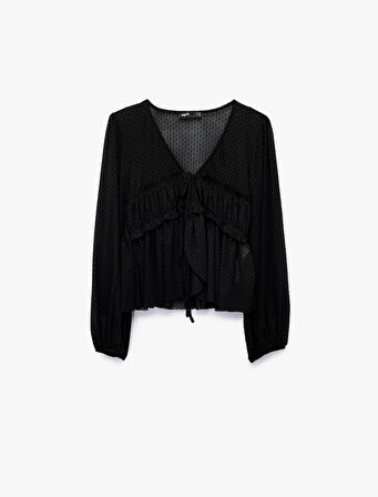 Uzun Kollu Önden Bağlama Detaylı Fırfırlı Puantiyeli Tül Bluz