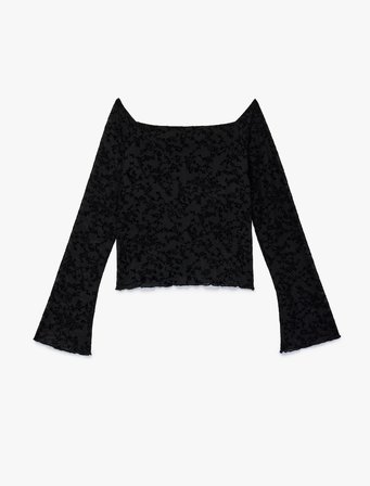 Uzun İspanyol Kollu Slim Fit Omzu Açık Tül Dantelli Tişört