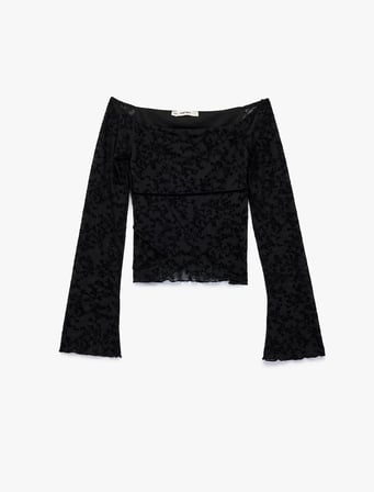 Uzun İspanyol Kollu Slim Fit Omzu Açık Tül Dantelli Tişört