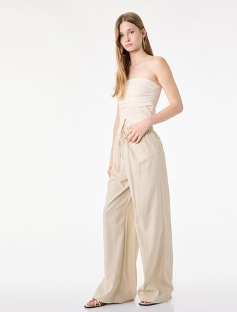 Beli Bağcıklı Viskon Karışımlı Uzun Geniş Paça Pantolon