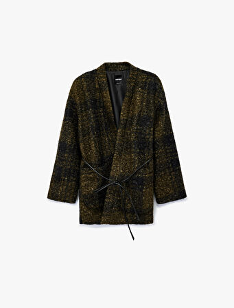 Uzun Kollu Kruvaze Buklet Kemerli Ekose Buklet Kaban