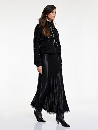 Slim Fit Dantel Detaylı Uzun Saten Etek