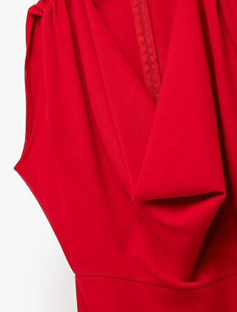 Degaje Yaka Kolsuz Drapeli Mini Elbise