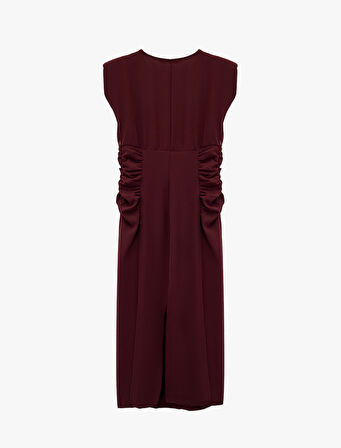 Kolsuz V Yaka Drape Detaylı Uzun Elbise