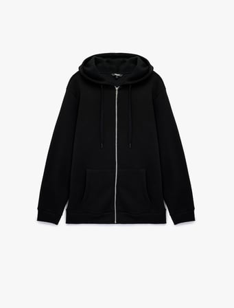 Uzun Kollu Fermuarlı Cep Detaylı Şardonlu Kapüşonlu Oversize Spor Sweatshirt