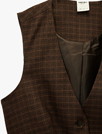 Düğmeli Kolsuz V Yaka Kemer Detaylı Ekoseli Yelek