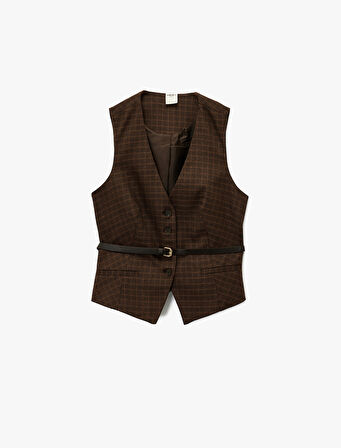 Düğmeli Kolsuz V Yaka Kemer Detaylı Ekoseli Yelek