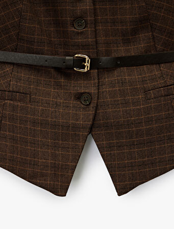 Düğmeli Kolsuz V Yaka Kemer Detaylı Ekoseli Yelek