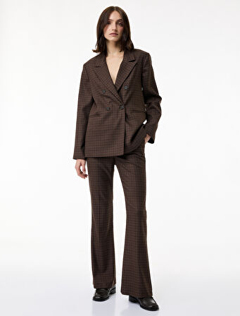 Yüksek Bel İspanyol Paça Viskon Karışımlı Ekoseli Pantolon