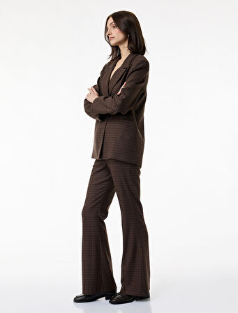 Yüksek Bel İspanyol Paça Viskon Karışımlı Ekoseli Pantolon