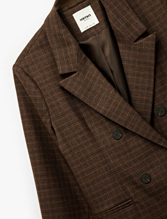 Viskon Karışımlı Düğmeli Cep Detaylı Kruvaze Yaka Ekoseli Blazer Ceket