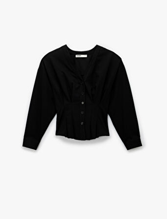 Viskon Karışımlı Uzun Kollu V Yaka Düğmeli Gömlek