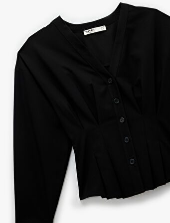 Viskon Karışımlı Uzun Kollu V Yaka Düğmeli Gömlek