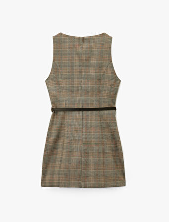 Kolsuz Bisiklet Yaka Kemerli A Kesim Mini Ekose Elbise