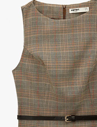 Kolsuz Bisiklet Yaka Kemerli A Kesim Mini Ekose Elbise