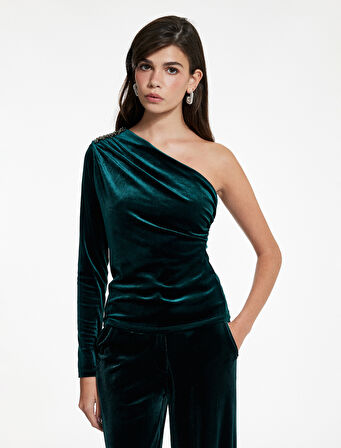 Uzun Kollu Tek Omuz Taşlı Kadife Bluz