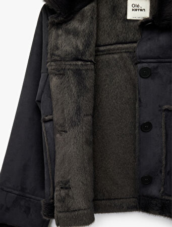 Cep Detaylı Süet Görünümlü Düğmeli Klasik Yaka İçi Suni Kürklü Ceket