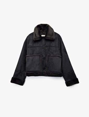 Cep Detaylı Süet Görünümlü Düğmeli Klasik Yaka İçi Suni Kürklü Ceket