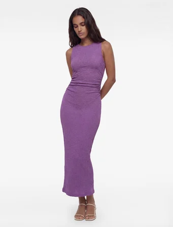 Bürümcük Kumaş Drapeli Kayık Yaka Kolsuz Slim Fit Uzun Kalem Elbise