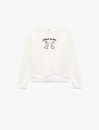 Tavşan Baskılı Uzun Kollu Bisiklet Yaka Sweatshirt