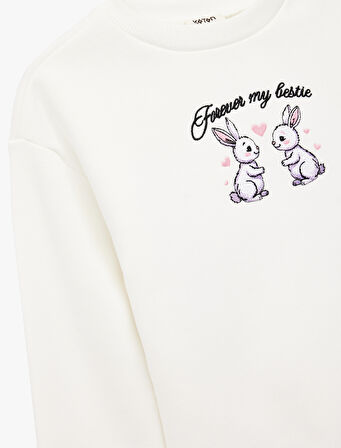 Tavşan Baskılı Uzun Kollu Bisiklet Yaka Sweatshirt