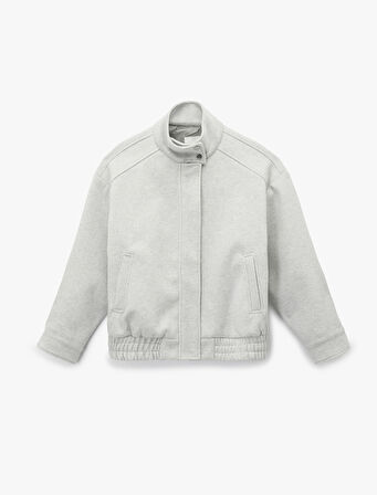 Uzun Kollu Cepli Fermuarlı Dik Yaka Kaşe Bomber Ceket