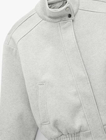 Uzun Kollu Cepli Fermuarlı Dik Yaka Kaşe Bomber Ceket