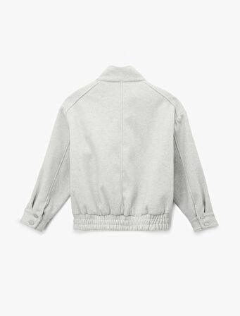 Uzun Kollu Cepli Fermuarlı Dik Yaka Kaşe Bomber Ceket