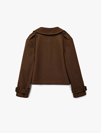 Uzun Kollu Cepli Düğmeli Kruvaze Kısa Kaşe Kaban