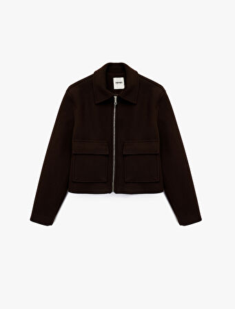 Cepli Uzun Kollu Fermuarlı Crop Kaşe Ceket