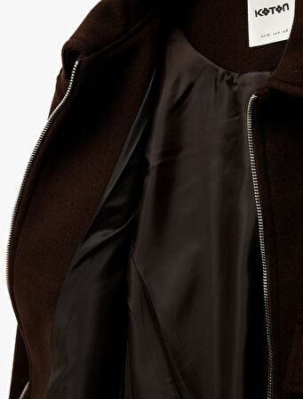 Cepli Uzun Kollu Fermuarlı Crop Kaşe Ceket