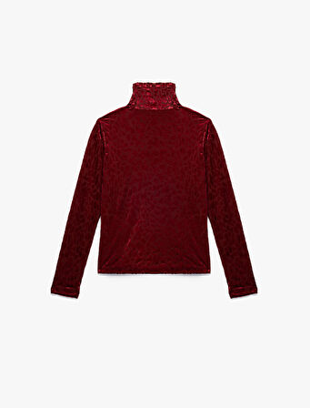 Uzun Kollu Balıkçı Yaka Leopar Desenli Kadife Tişört