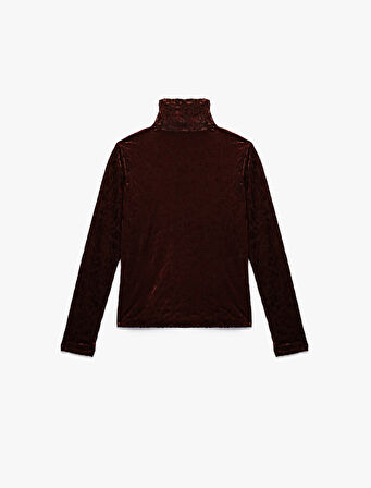 Uzun Kollu Balıkçı Yaka Leopar Desenli Kadife Tişört