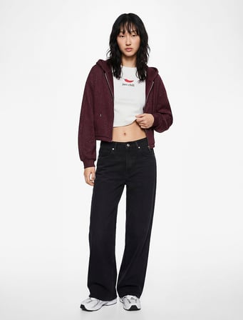Şardonlu Kapüşonlu Baskılı Simli Cep Detaylı Fermuarlı Sweatshirt