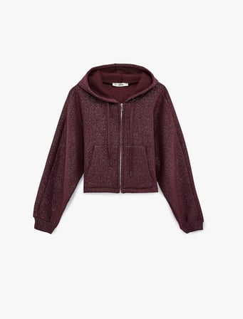 Şardonlu Kapüşonlu Baskılı Simli Cep Detaylı Fermuarlı Sweatshirt