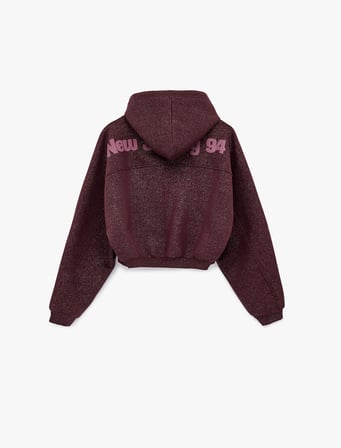 Şardonlu Kapüşonlu Baskılı Simli Cep Detaylı Fermuarlı Sweatshirt