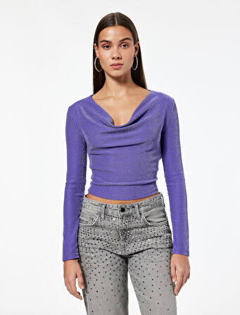 Slim Fit Uzun Kollu  Simli Degaje Yaka Tişört