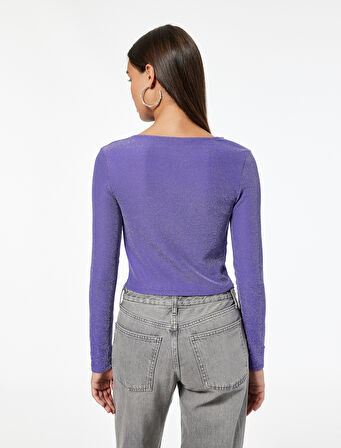 Slim Fit Uzun Kollu  Simli Degaje Yaka Tişört