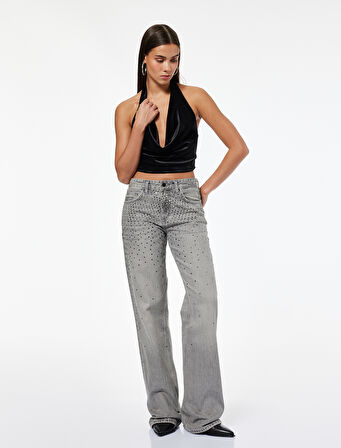 Slim Fit Degaje Yaka Kolsuz Crop Kadife Bluz