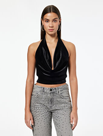 Slim Fit Degaje Yaka Kolsuz Crop Kadife Bluz