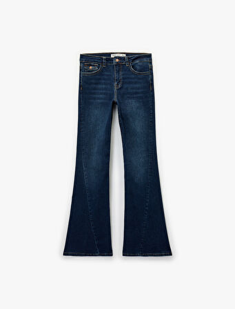 Düğmeli Cepli Slim Fit Düşük Bel İspanyol Paça Jean Pantolon - Flare Jeans