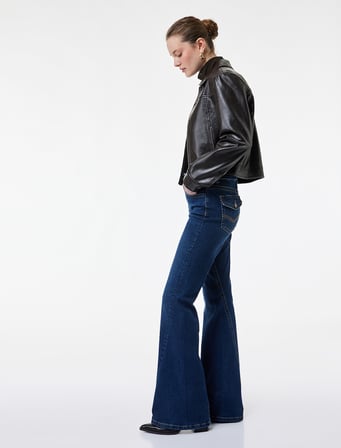 Düğmeli Cepli Slim Fit Düşük Bel İspanyol Paça Jean Pantolon - Flare Jeans