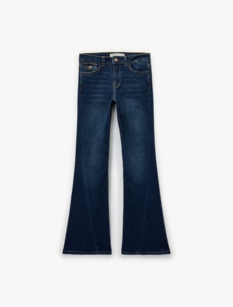 Düğmeli Cepli Slim Fit Düşük Bel İspanyol Paça Jean Pantolon - Flare Jeans