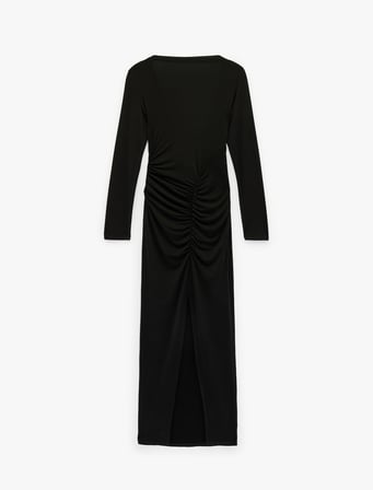 Slim Fit Drapeli Uzun Kollu Hakim Yaka Uzun Elbise