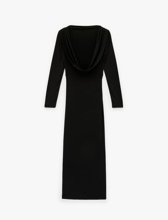 Slim Fit Drapeli Uzun Kollu Hakim Yaka Uzun Elbise