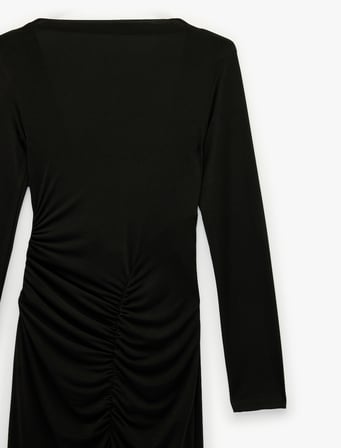 Slim Fit Drapeli Uzun Kollu Hakim Yaka Uzun Elbise